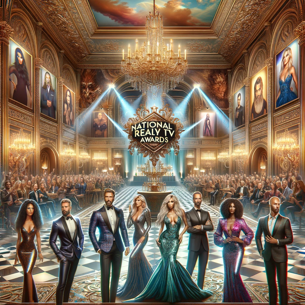 A grand event hall with five diverse figures, each representing a different reality TV show, in a celebratory setting for the National Reality TV Awards.