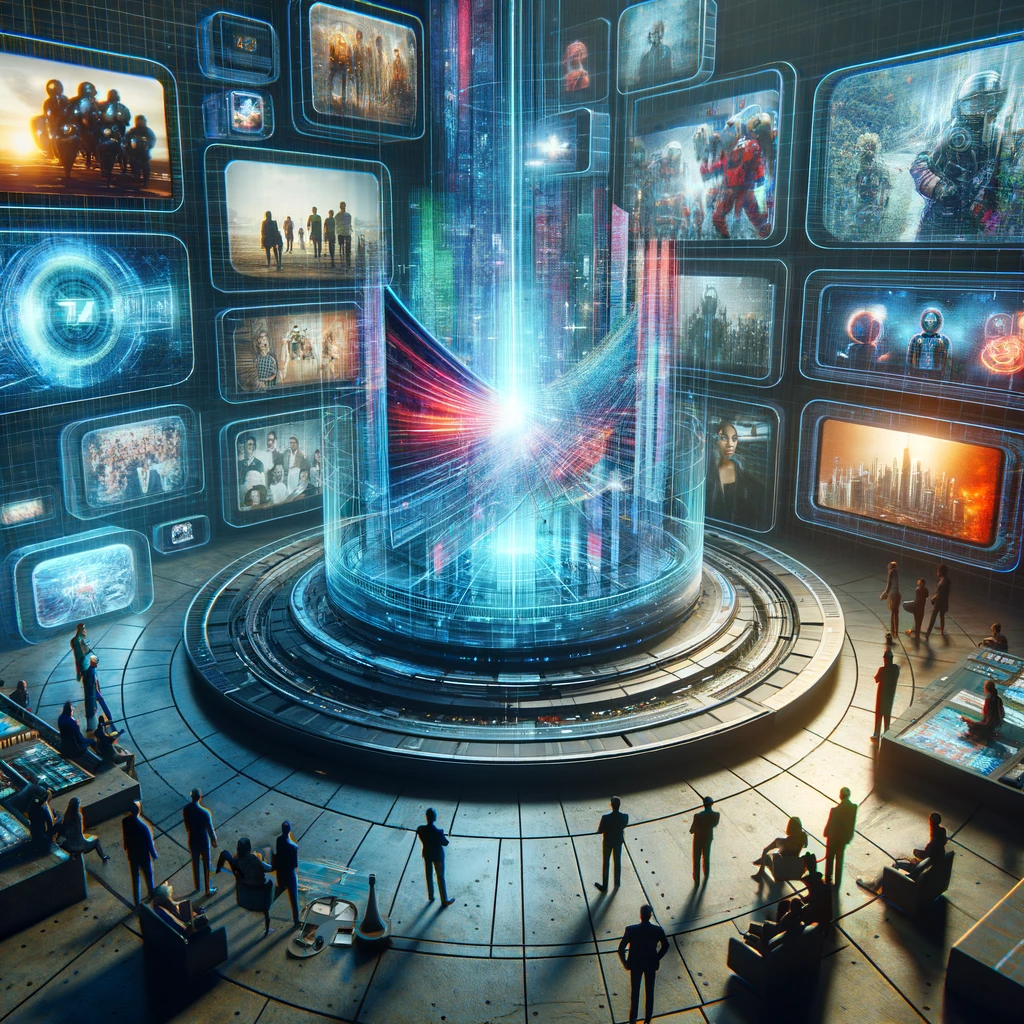 A modern, tech-forward scene displaying a large holographic screen with clips of reality TV shows, surrounded by figures discussing future television trends.