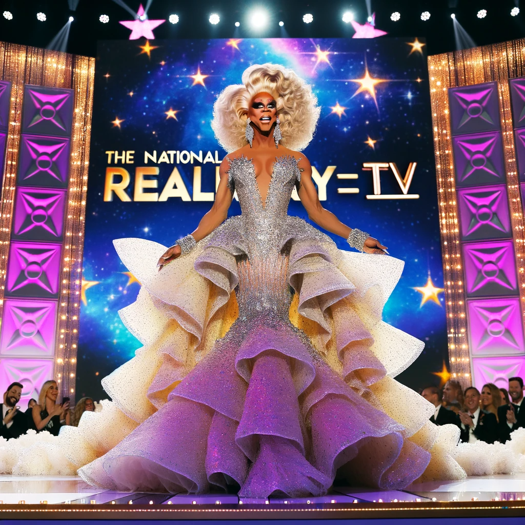 "RuPaul shines on the National Reality TV Awards stage, embodying drag queen glamour."