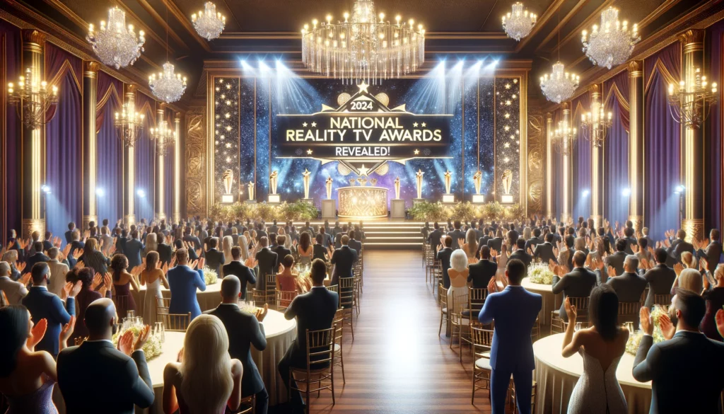 A vibrant and elegant awards ceremony scene at the 2024 National Reality TV Awards, with a diverse crowd of attendees in formal wear, applauding under a banner announcing the winners.