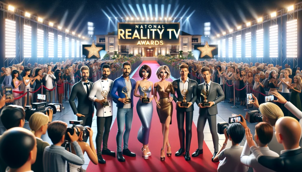 A vibrant scene at the National Reality TV Awards with five diverse winners holding their trophies on a red carpet, surrounded by photographers and an enthusiastic crowd.