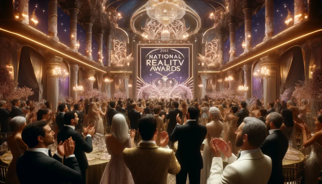 A lively awards ceremony scene at the 2023 National Reality TV Awards with attendees in elegant attire applauding near a festively decorated stage.