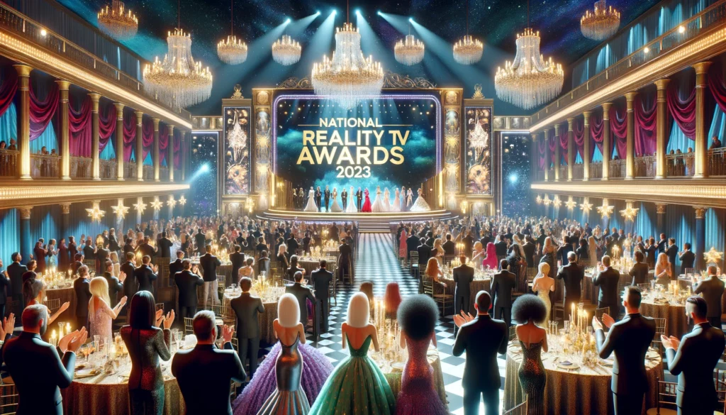 A vibrant and elegant awards ceremony at the National Reality TV Awards 2023 with celebrities clapping as a winner speaks.