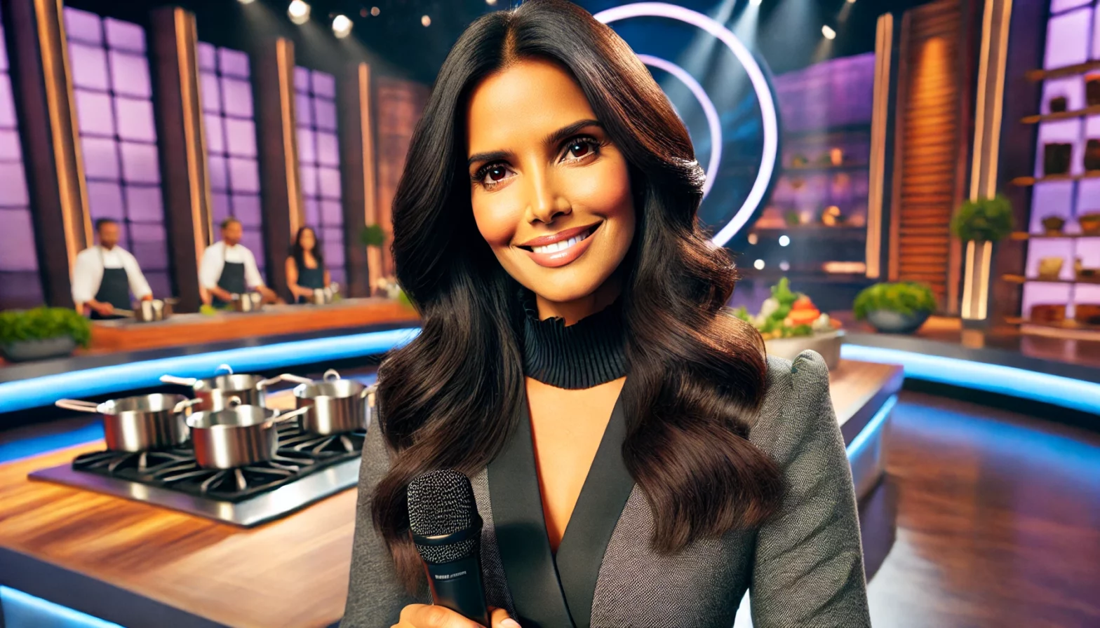 Padma Lakshmi, an Indian-American TV host, stands confidently on a well-lit stage of a reality TV show, holding a microphone. She is wearing a chic, modern outfit, smiling warmly, with cooking stations and contestants in the background, embodying her role as a host.