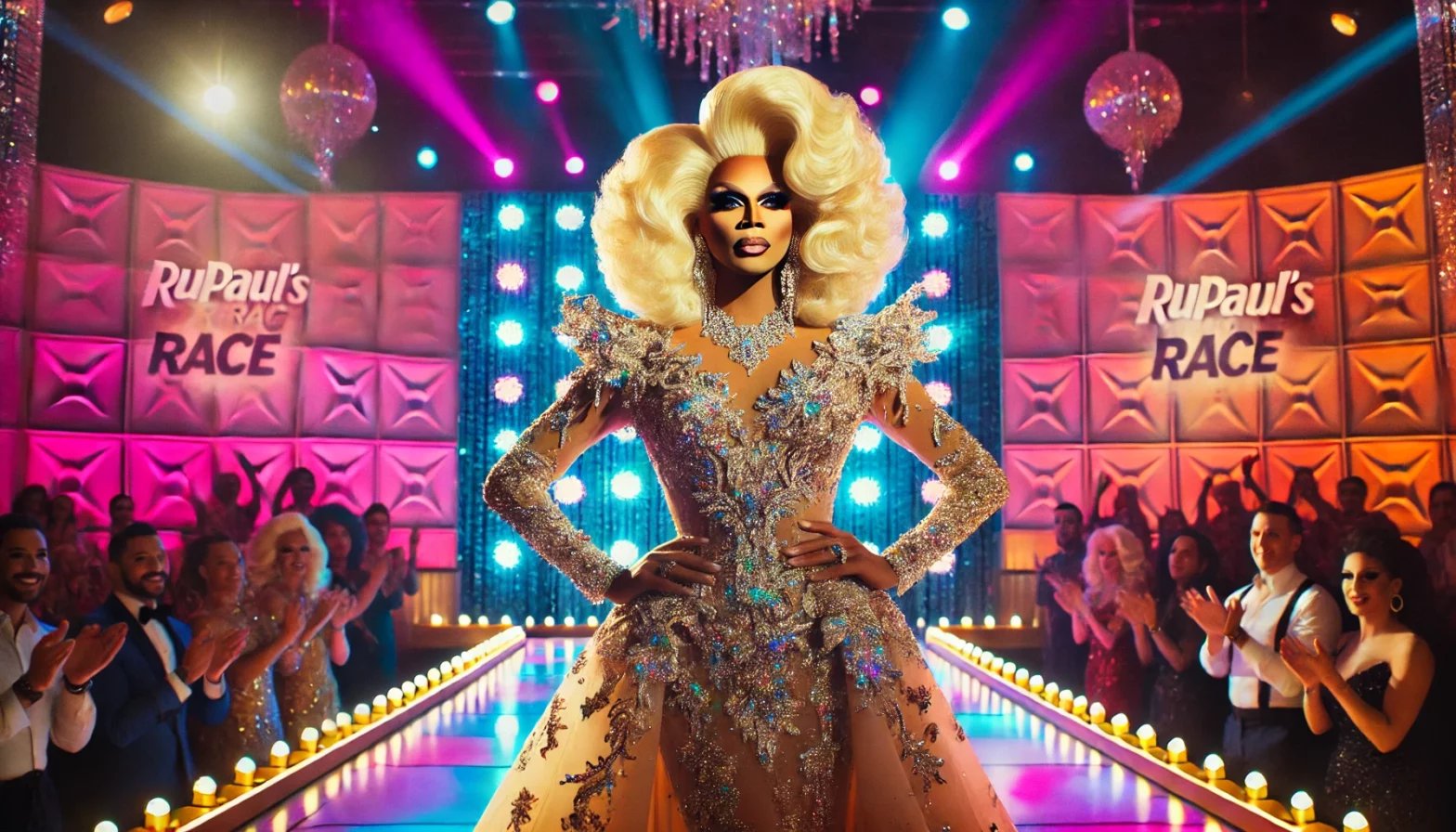 A stunning and glamorous RuPaul, the iconic drag queen and diva of reality TV hosting, stands confidently on a vibrant stage. RuPaul is dressed in an extravagant, sparkling gown with intricate details, a voluminous blonde wig, and flawless makeup. The background features colorful lights, a cheering audience, and a large banner that reads 'RuPaul's Drag Race,' capturing RuPaul's commanding presence and elegance as a host.
