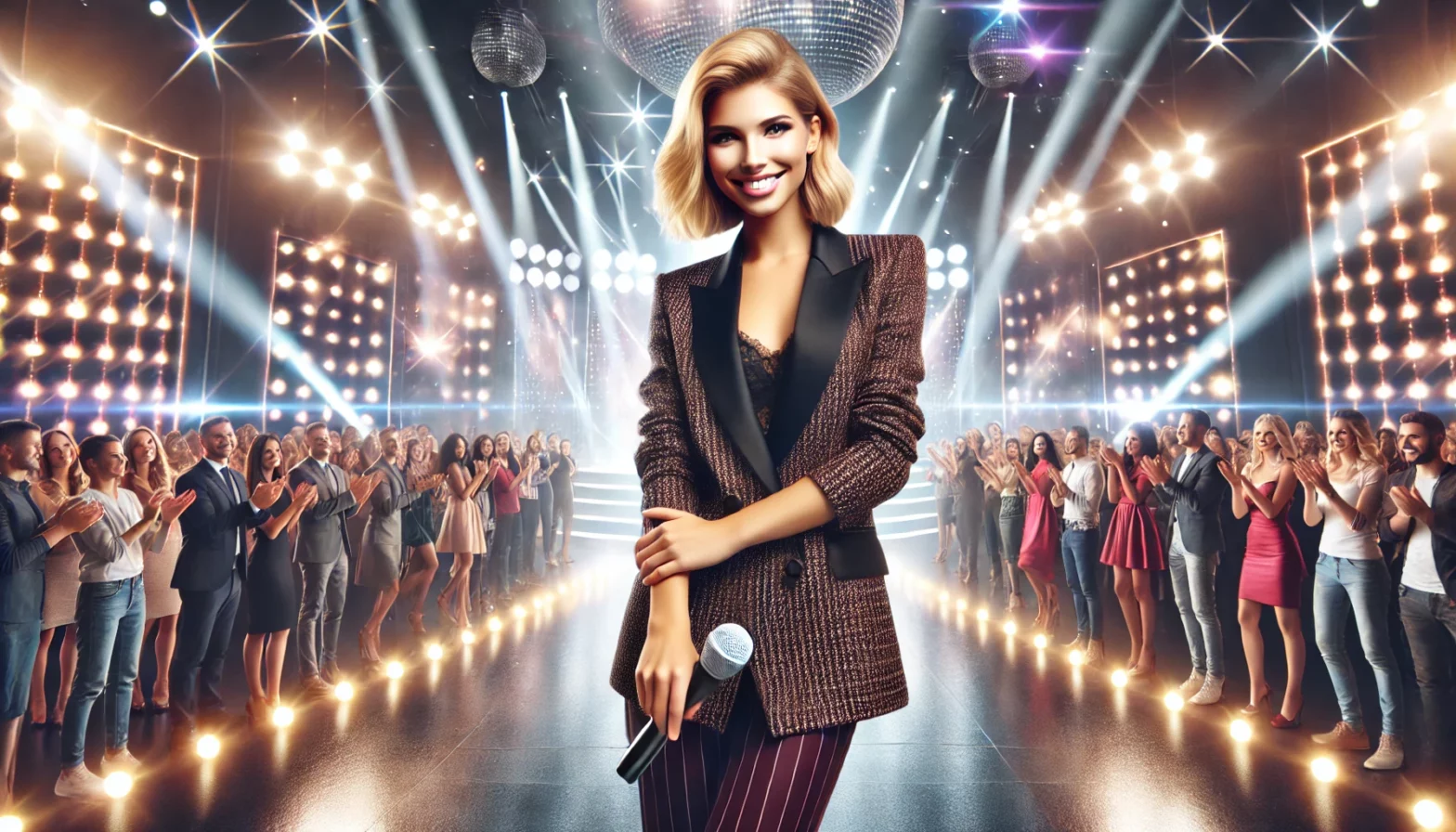 America's Next Top Reality TV Host standing confidently on a vibrant, glitzy stage with bright lights and a cheering audience. The host is stylishly dressed in a chic, modern outfit, holding a microphone and smiling warmly, exuding charisma and charm.